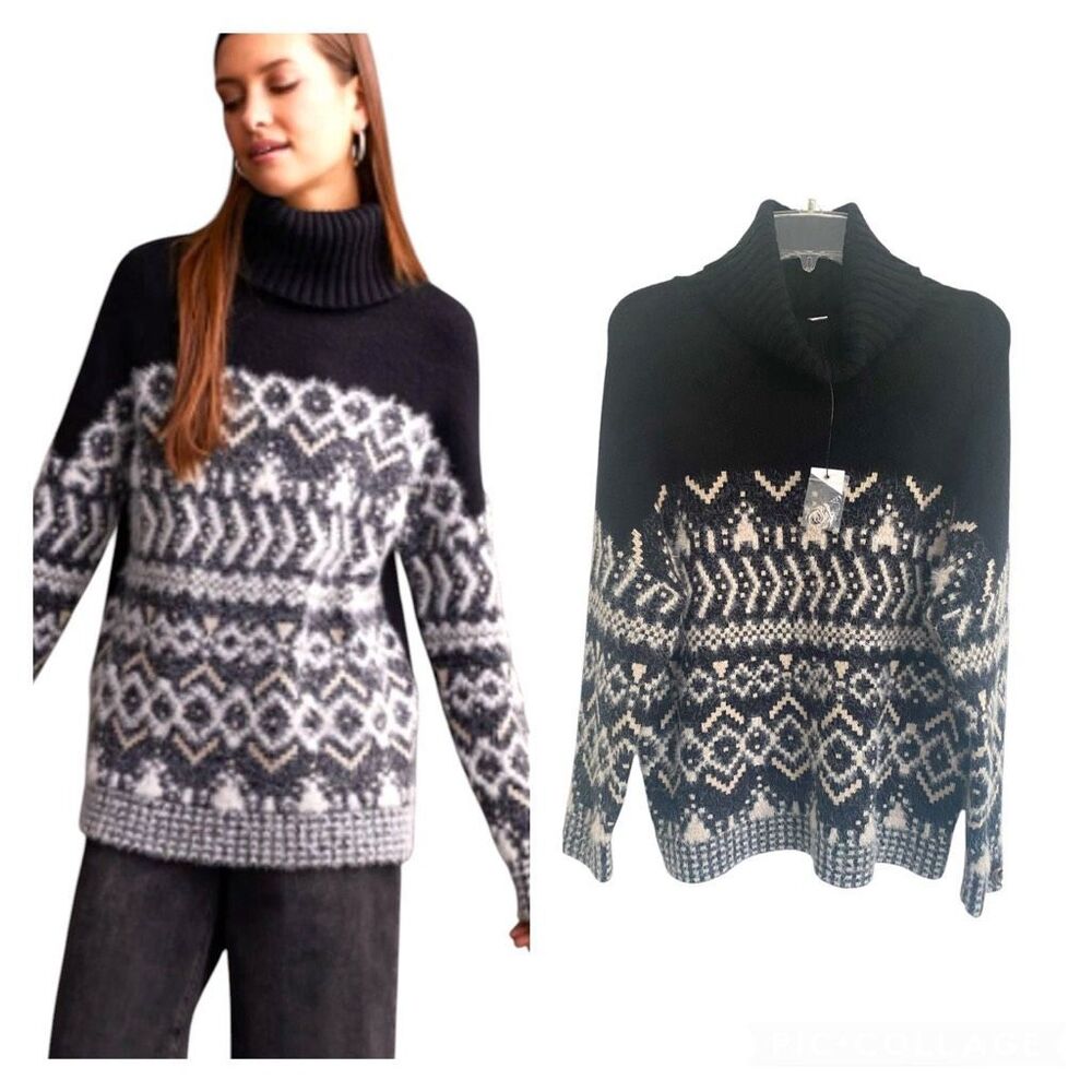 Tribal Black Ribbed Turtle Neck Intarsia Sweater Sz PM